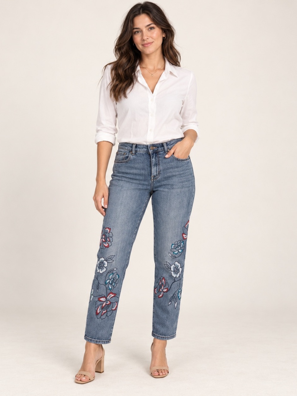 Embroidered Straight-Leg Women's Jeans - Blue